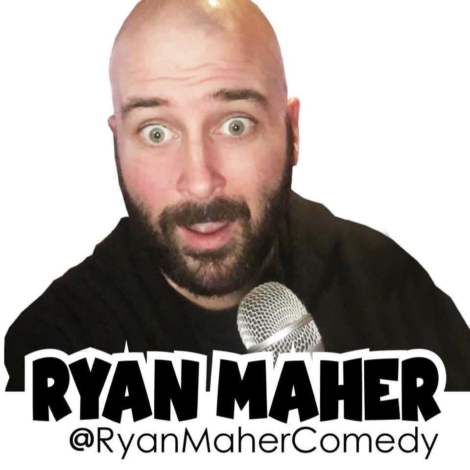 Man with a microphone and text overlay 'Ryan Maher @RyanMaherComedy' on a white background